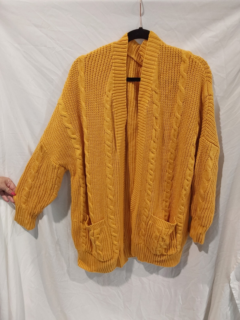 Open-Front Cable Knit Cardigan in Mustard